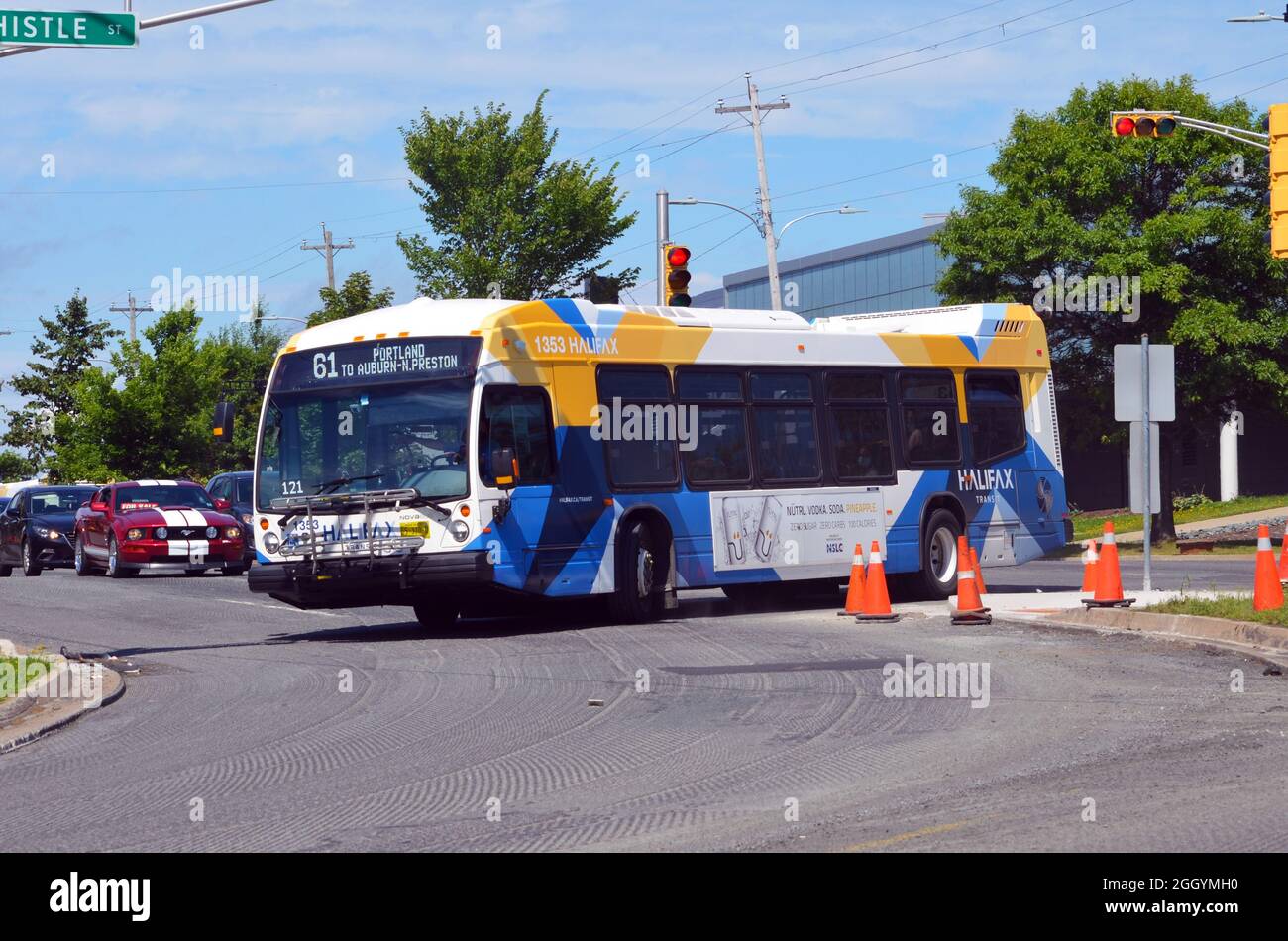 Halifax Transit bus (Nova Bus LFS) operating on route 61 on Wyse Road in Dartmouth Stock Photo