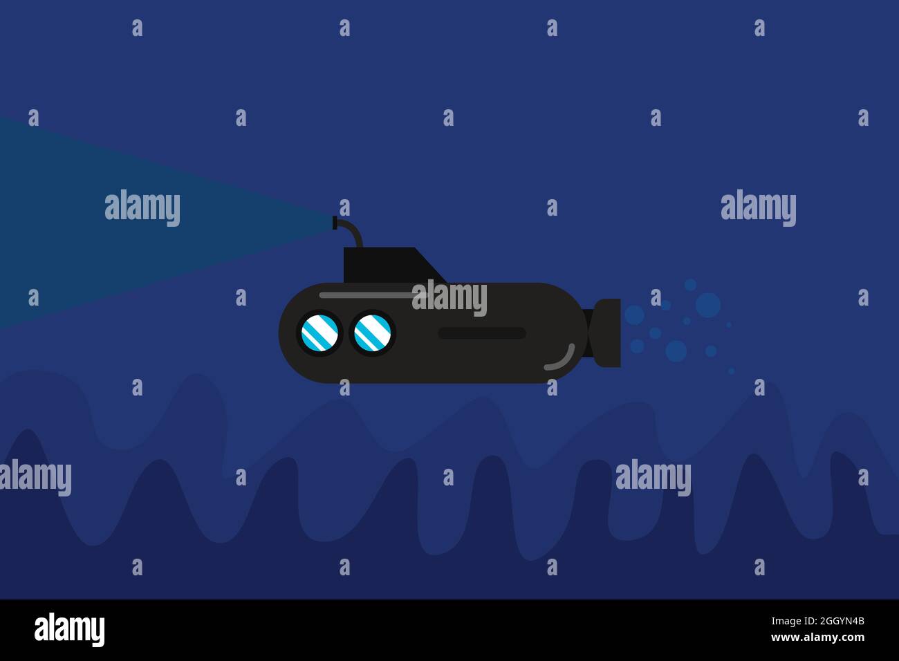 Submarine sailing in the dark with light underneath underwater waves