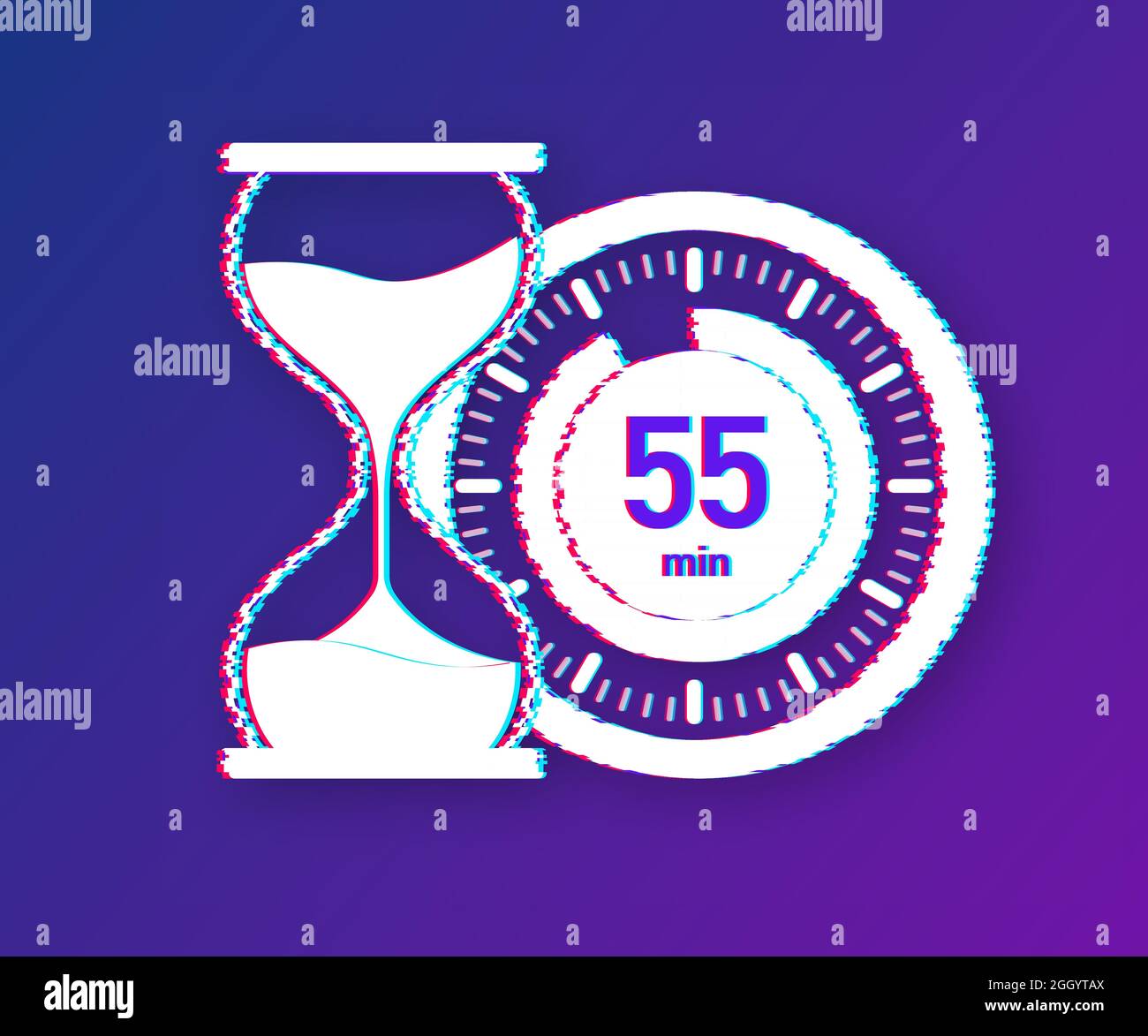 The 55 minutes, stopwatch vector glitch icon. Stopwatch icon in flat ...