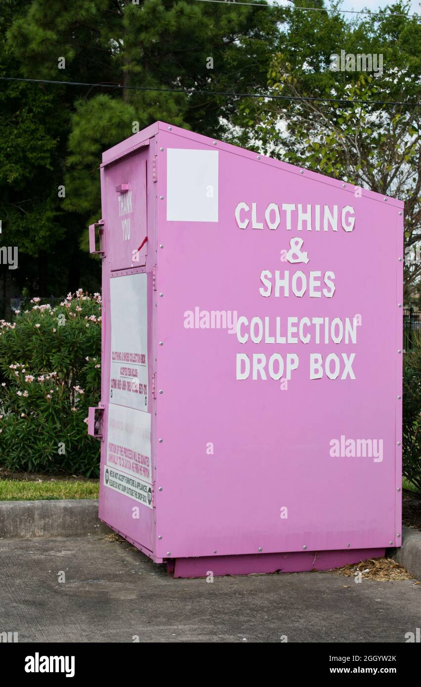 Pink donation collection box in the Houston, Texas suburbs Stock Photo