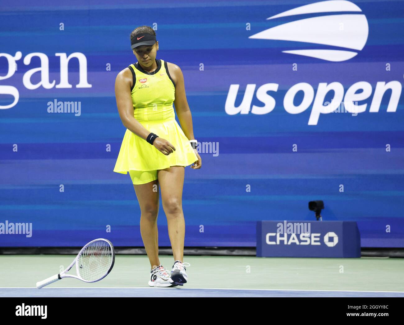 Flushing Meadow, USA. 03rd Sep, 2021. Naomi Osaka of Japan throws her tennis  racket after losing a point in the second set against Leylah Fernandez in  Arthur Ashe Stadium in the third