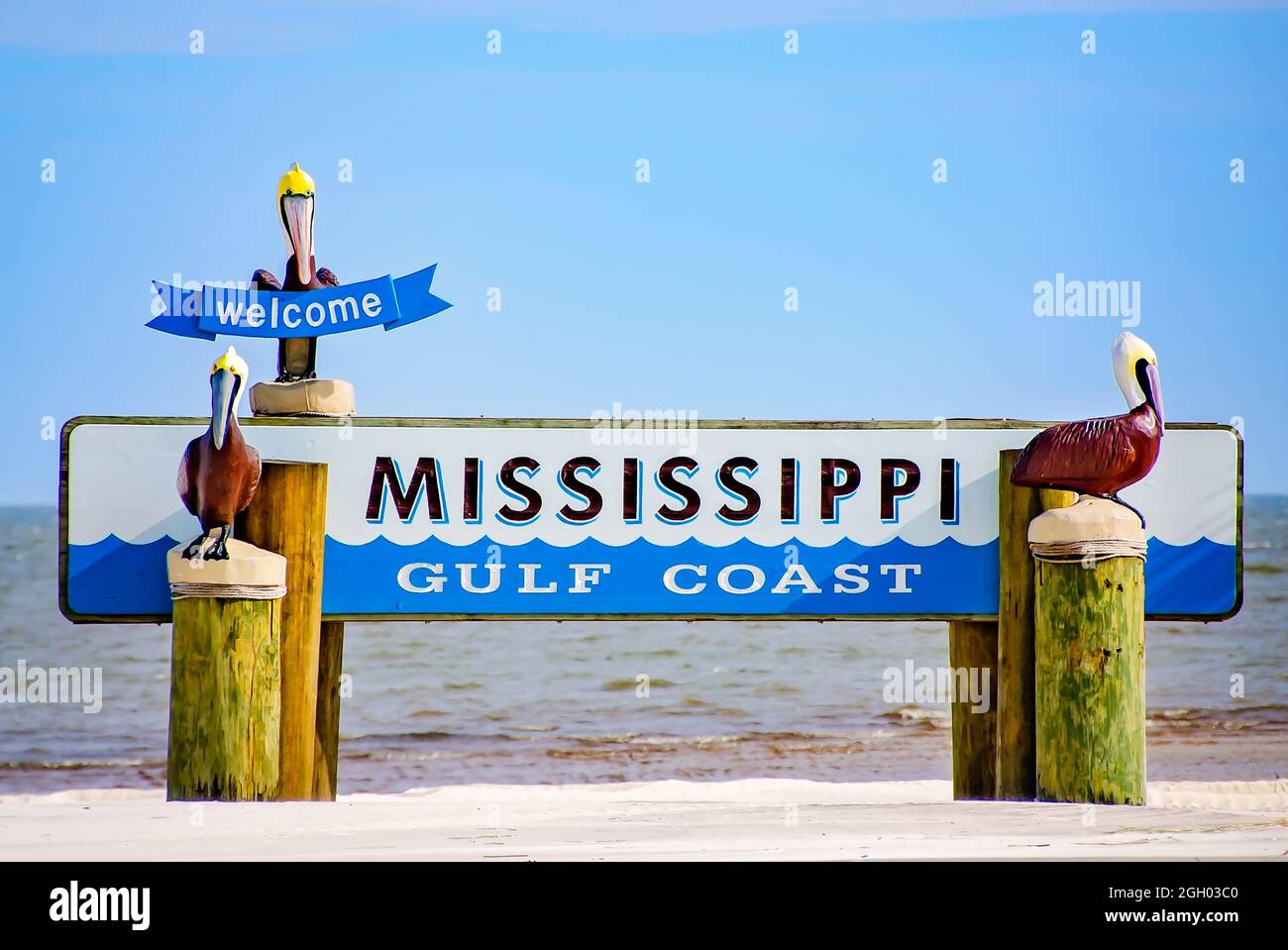 The Mississippi Gulf Coast welcome sign features brown pelicans, Aug. 31, 2021, in Gulfport, Mississippi. Stock Photo