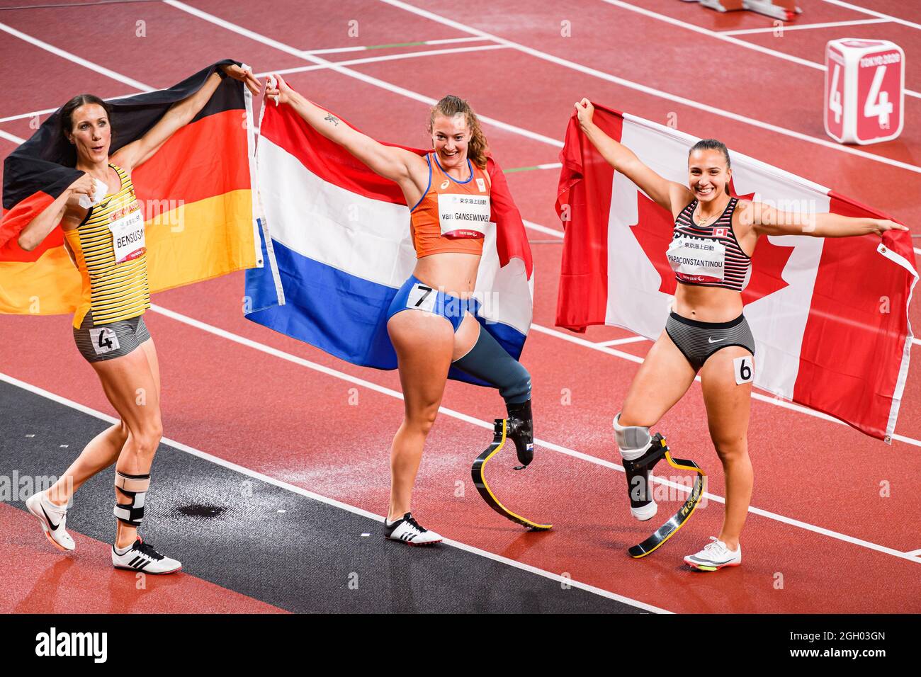 TOKYO, JAPAN. 03th Sep, 2021. (From left) Irmgard Bensusan (GER), Marlene van Gansewinkel (NED) and Marissa Papaconstantinou (CAN) during Track and Field events - Tokyo 2020 Paralympic games at Olympic Stadium on Friday, September 03, 2021 in TOKYO, JAPAN. Credit: Taka G Wu/Alamy Live News Stock Photo