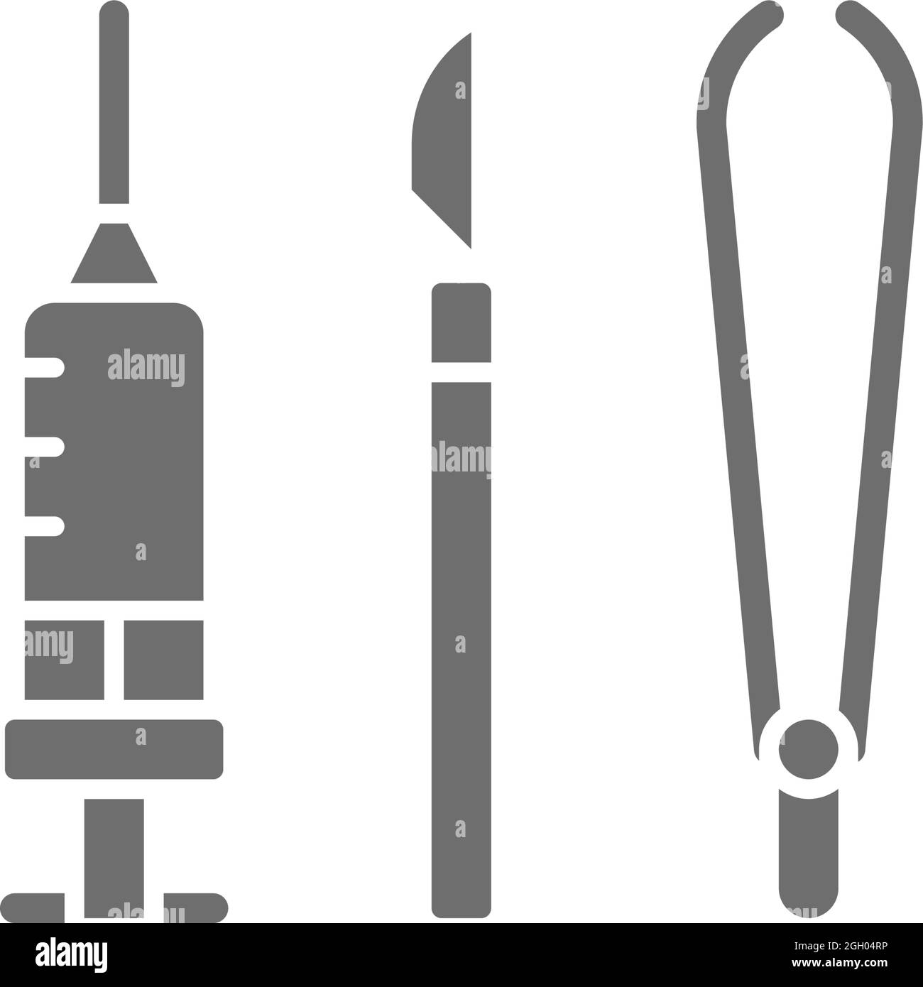 Vector instruments for surgery, medical scalpel, tweezers, clamp and syringe grey icon. Symbol and sign illustration design. Isolated on white backgro Stock Vector