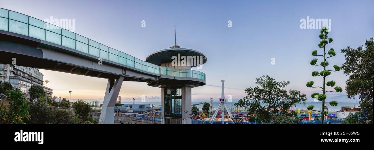 SOUTHEND-ON-SEA, ESSEX, UK - AUGUST 29, 2021:  Panorama view view of observation tower at dawn with the pier and Adventure Island in the background Stock Photo
