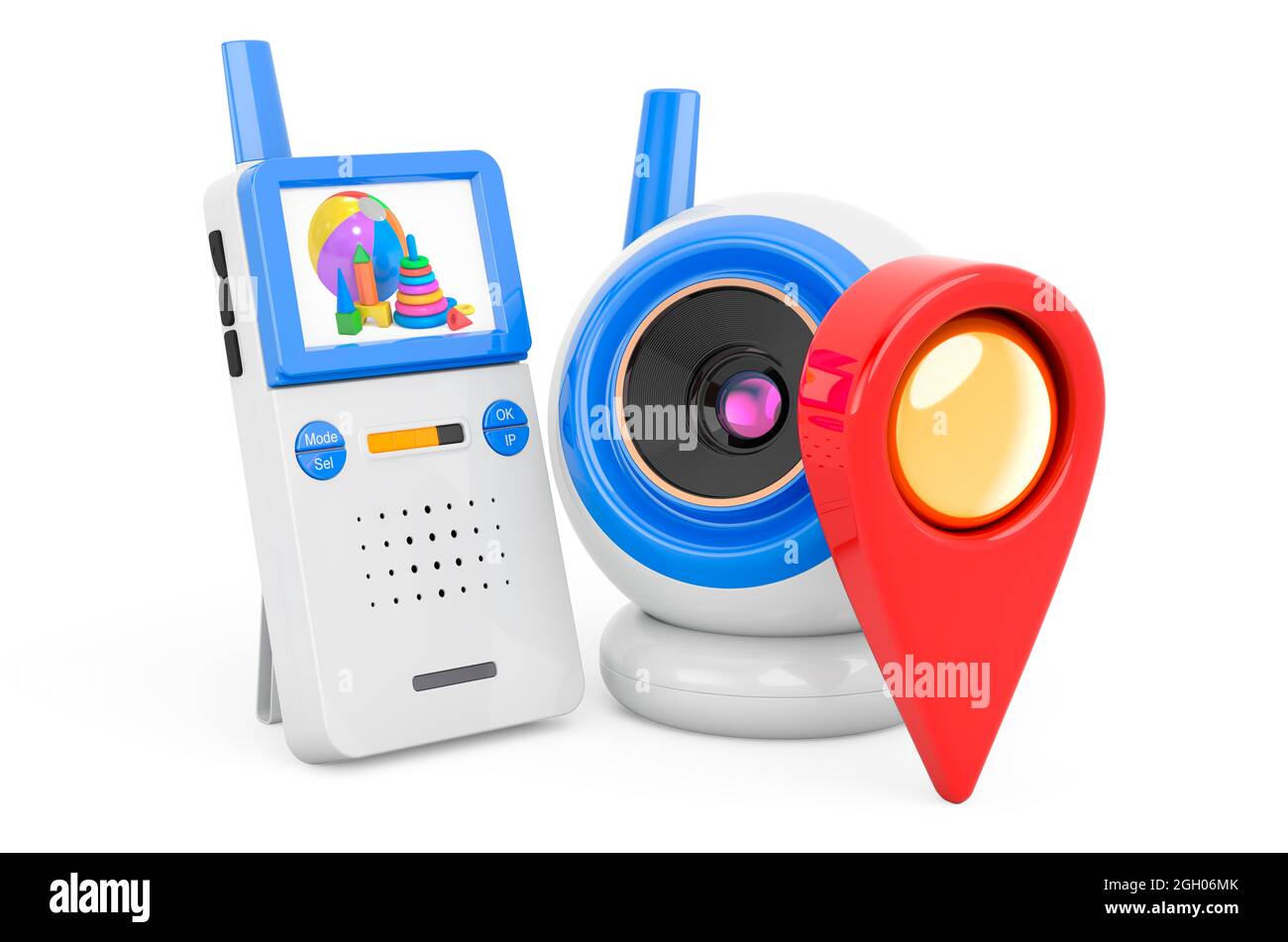 Baby cam with map pointer. 3D rendering isolated on white background ...