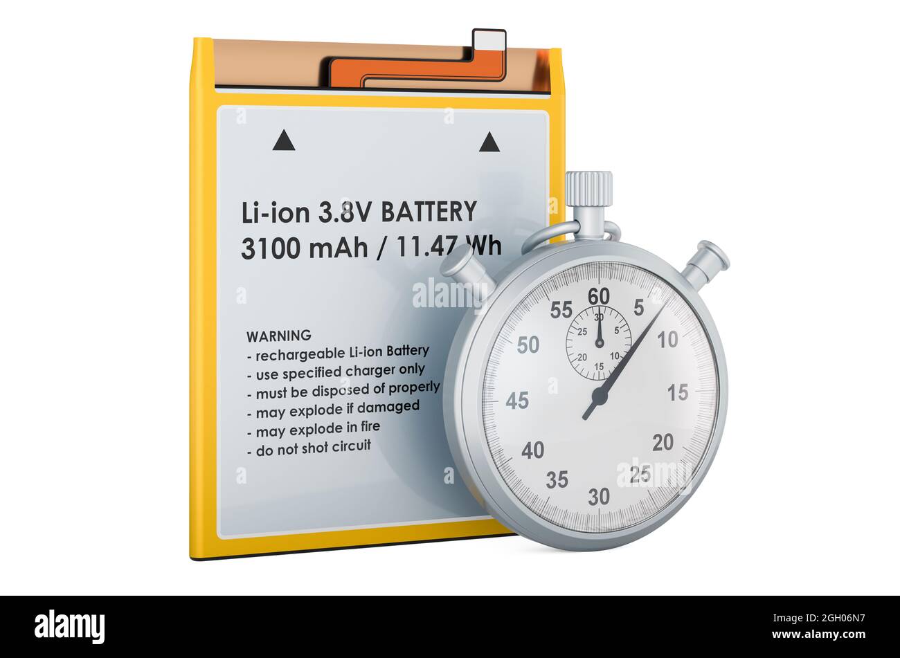 Stopwatch with Lithium Ion Cell Phone Battery, 3D rendering isolated on ...