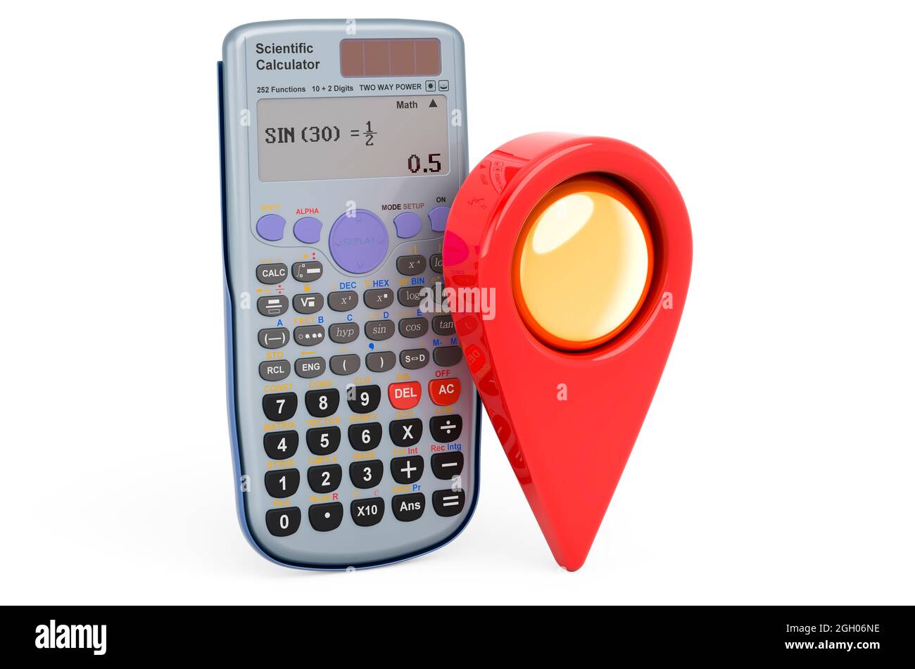 Scientific calculator with map pointer. 3D rendering isolated on white