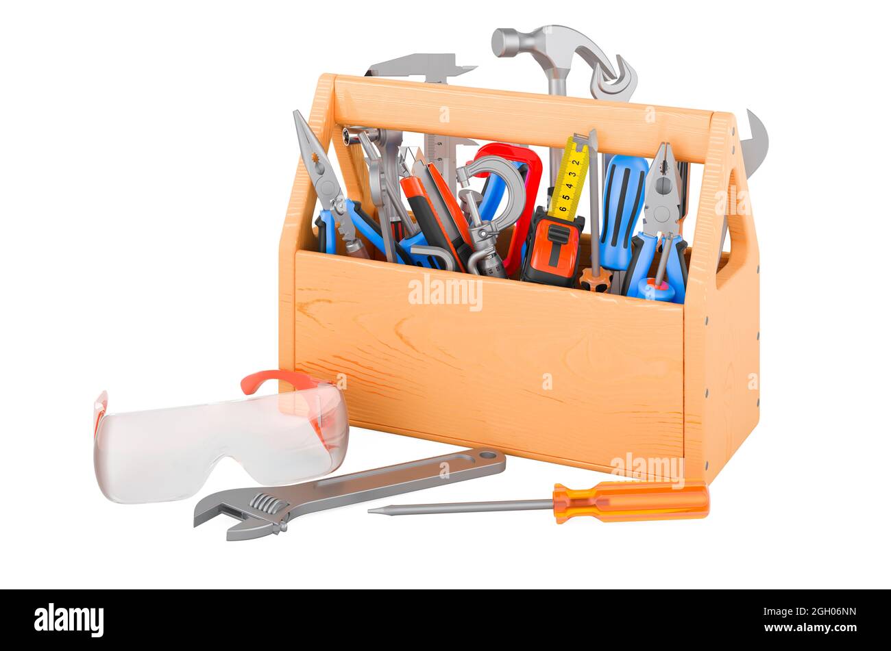 Tools inside wooden toolbox, 3D rendering isolated on white background ...