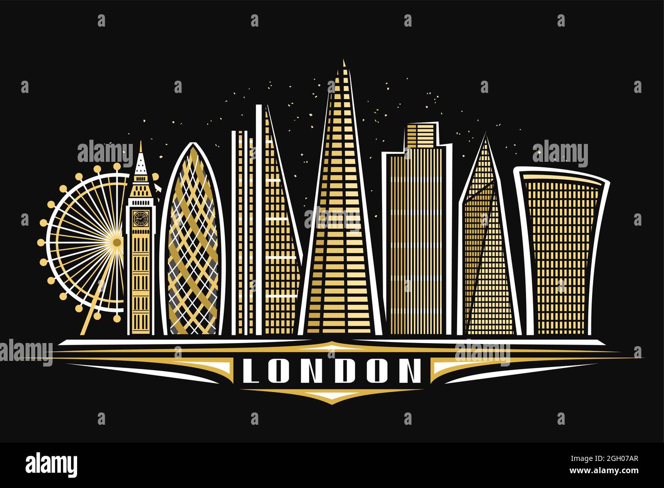 Vector illustration of London, black horizontal poster with linear design illuminated london city scape, european urban line art concept with decorati Stock Vector