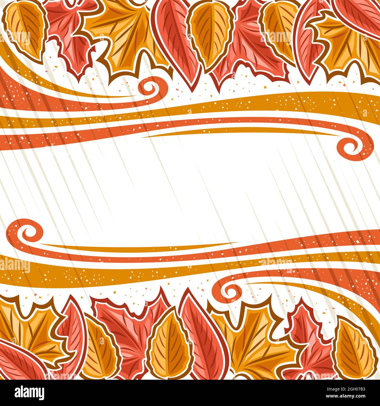 Vector poster for Autumn season with copy space, square placard with illustration of many colorful leaves in a row and vintage decorative flourishes o Stock Vector
