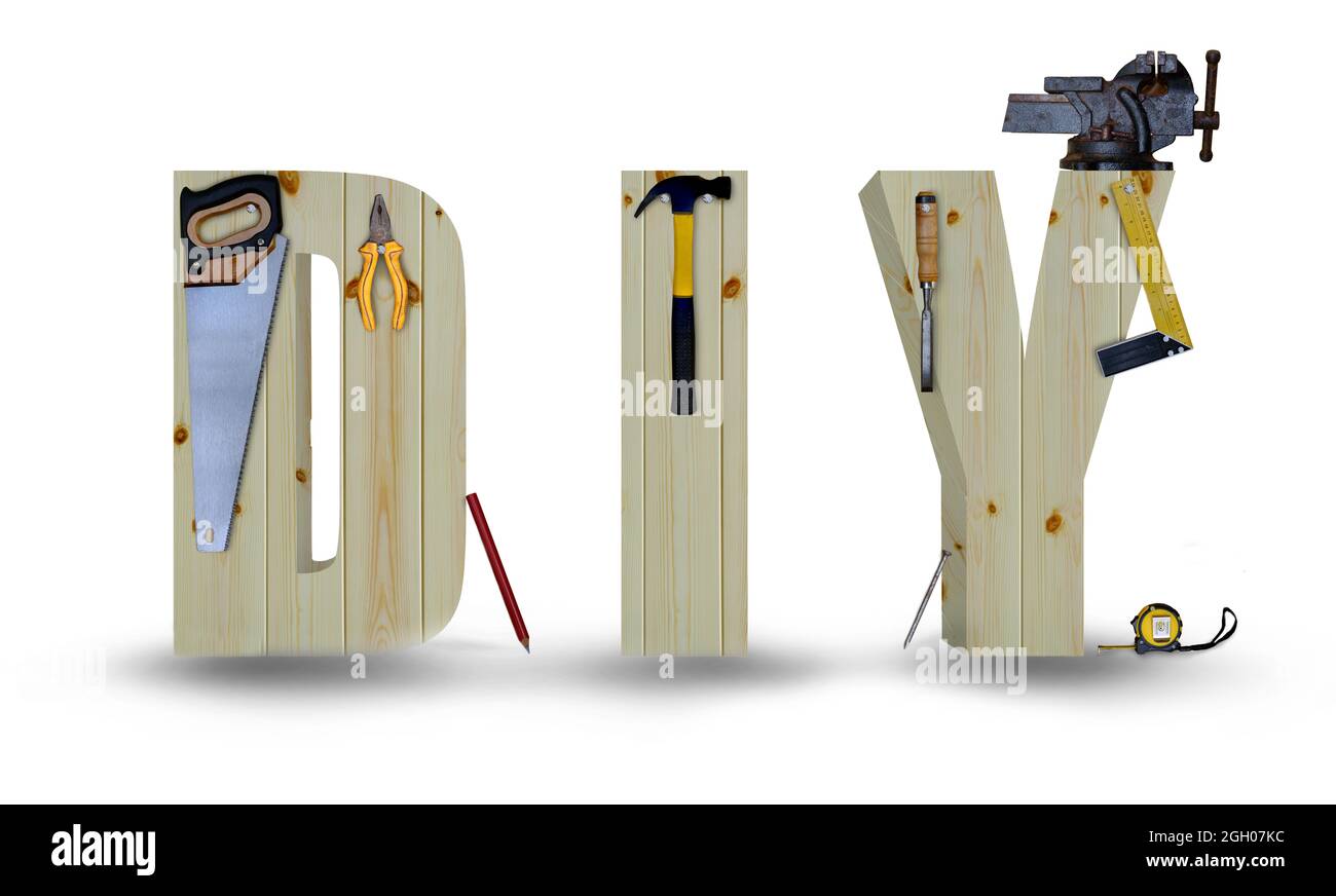 Wood letters of DIY with the hanging tools isolated on white background