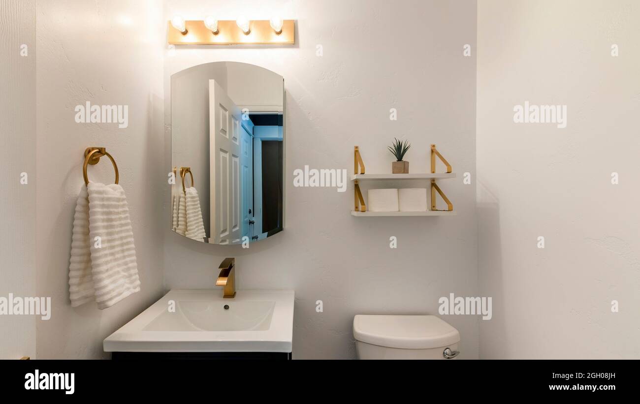 Pano Modern powder room design with matching gold fixtures Stock Photo Alamy