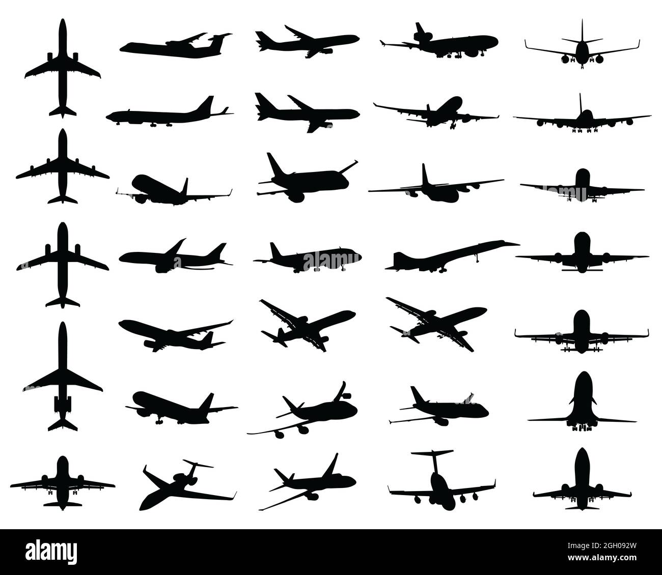 Black silhouettes of different aircrafts on a white background Stock Photo