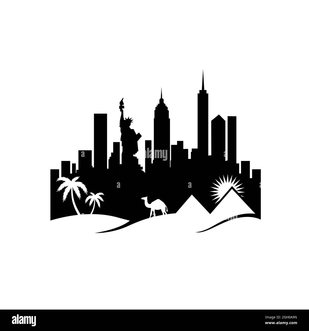 combination of city skyline and the desert logo design west east culture vector illustrations Stock Vector
