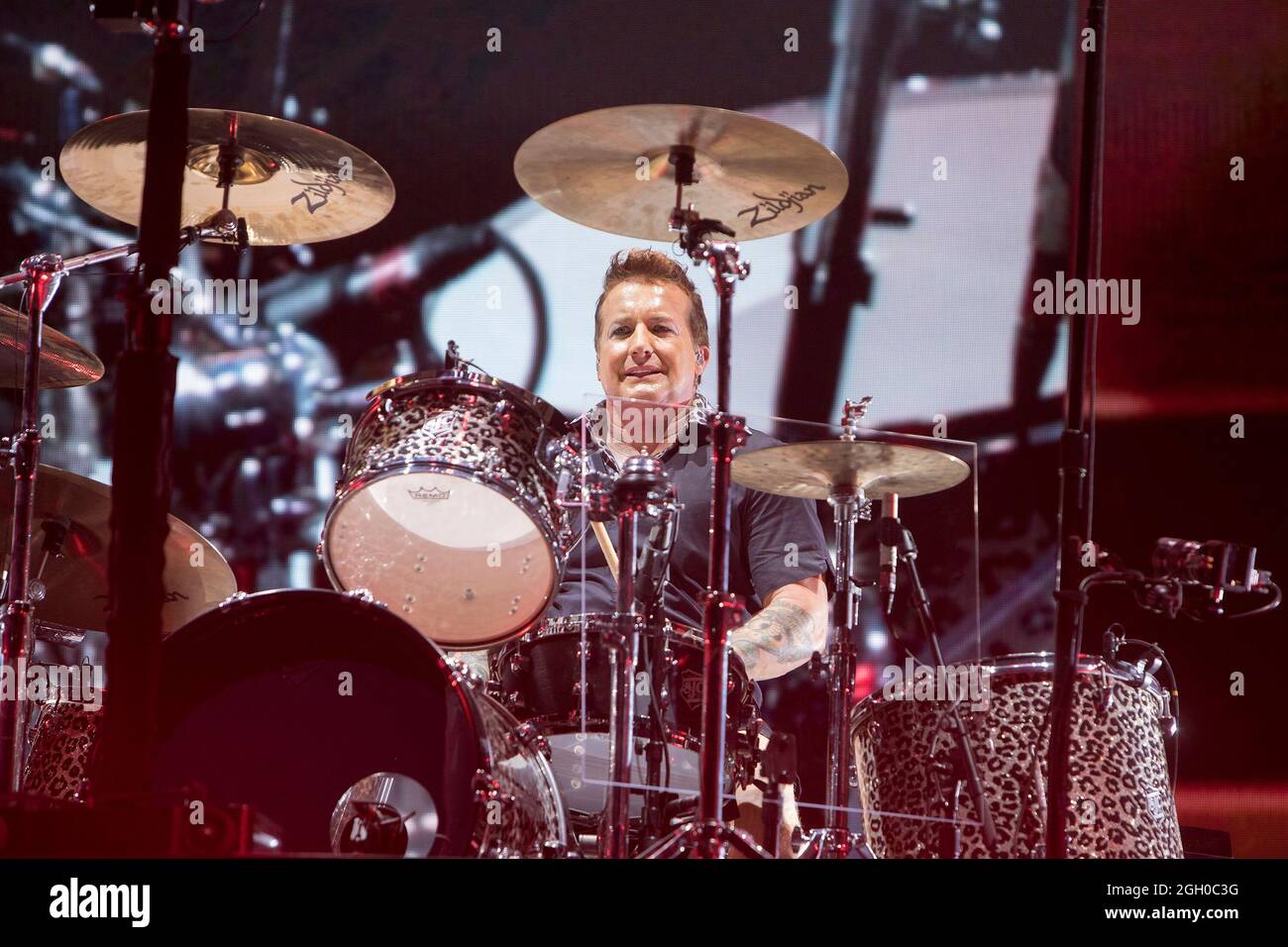 AUGUST 27 - SAN FRANCISCO, CA:  Drummer Tré Cool of Green Day performs at Oracle Park on August 27, 2021 in San Francisco, California. Credit: Raymond Ahner/The Photo Access Stock Photo