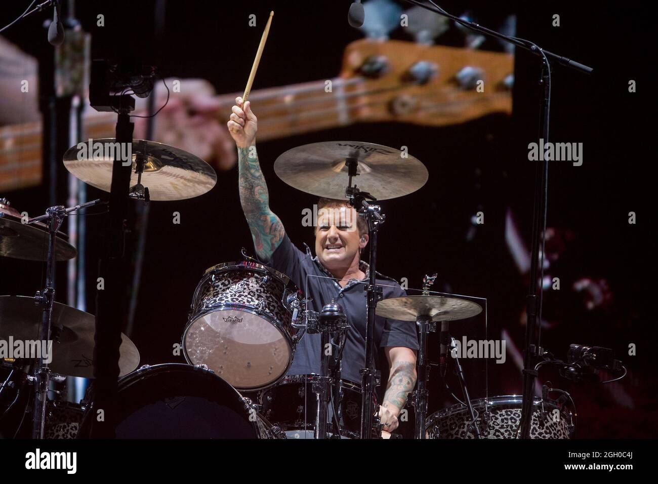 AUGUST 27 - SAN FRANCISCO, CA:  Drummer Tré Cool of Green Day performs at Oracle Park on August 27, 2021 in San Francisco, California. Credit: Raymond Ahner/The Photo Access Stock Photo