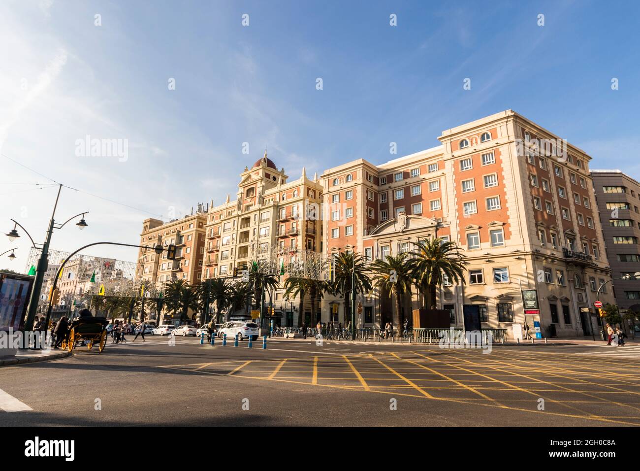 Malaga, Spain. Buildings at Plaza de la Marina, an important square in the city center. Unicaja building and Palacio Provincial (Province Palace) Stock Photo