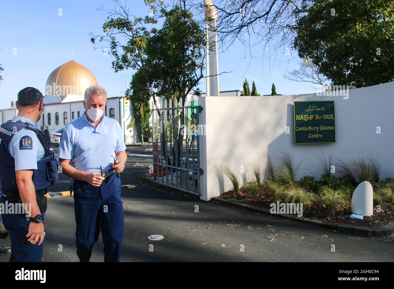Christchurch, New Zealand. 04th Sep, 2021. Police seen at the Al Noor Mosque. Police keeps a presence at the Mosque, following a terrorist attack in which a man was shot dead after stabbing six people at a New Lynn mall in Auckland. Authorities said they knew the man was a supporter of Islamic State. (Photo by Adam Bradley/SOPA Images/Sipa USA) Credit: Sipa USA/Alamy Live News Stock Photo