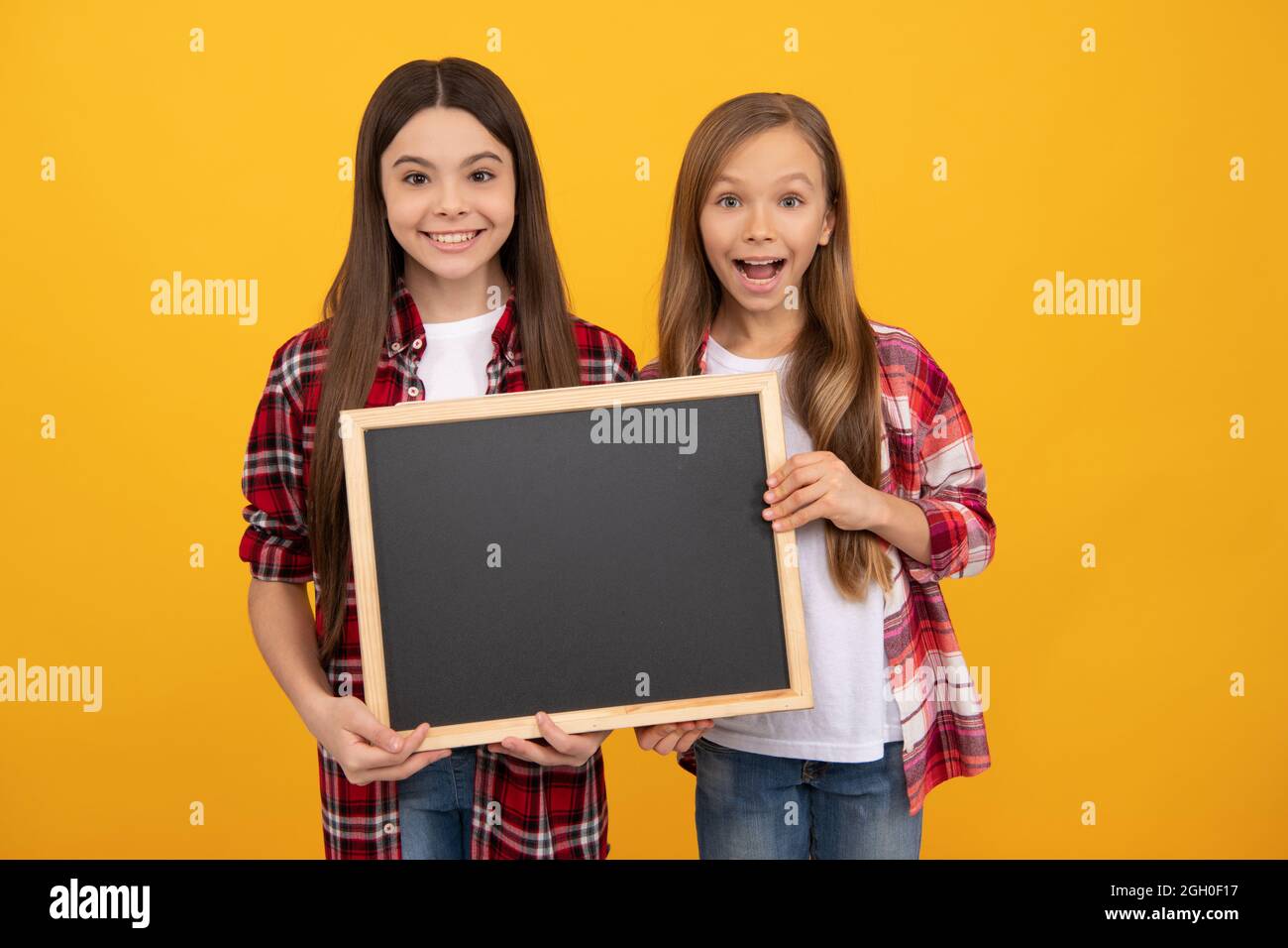happy children in casual checkered hold school blackboard for copy space, announcement Stock Photo