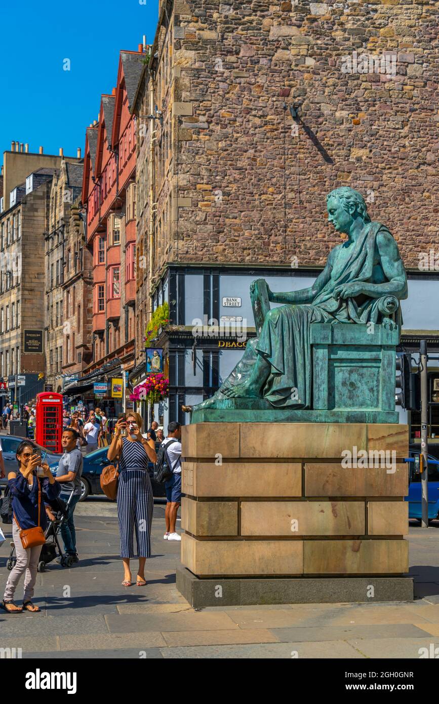 View of David Hume statue on the Golden Mile, Edinburgh, Lothian, Scotland, United Kingdom, Europe Stock Photo