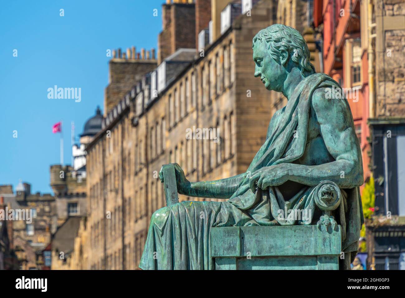 View of David Hume statue on the Golden Mile, Edinburgh, Lothian, Scotland, United Kingdom, Europe Stock Photo