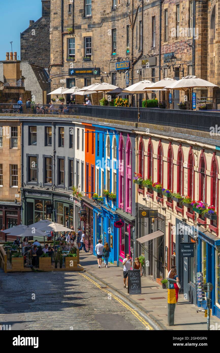 View of colourful cafes and shops on W Bow near the Grassmarket, Edinburgh, Lothian, Scotland, United Kingdom, Europe Stock Photo