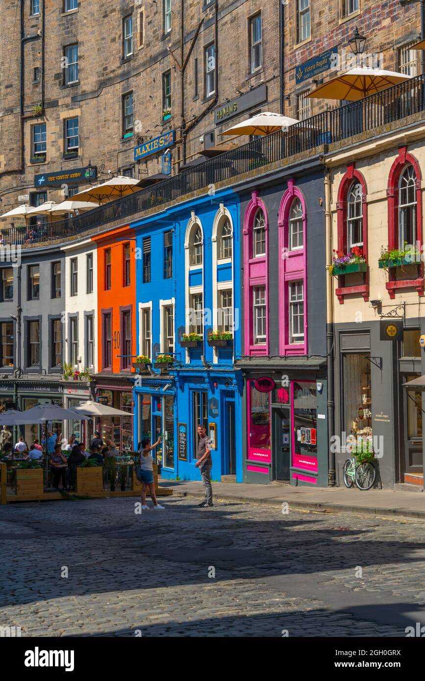 View of colourful cafes and shops on W Bow near the Grassmarket, Edinburgh, Lothian, Scotland, United Kingdom, Europe Stock Photo