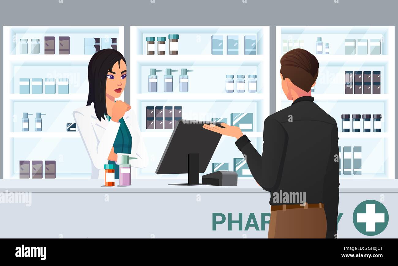 Cartoon Pharmacist and client at the Counter buying Medications in Pharmacy design Stock Vector