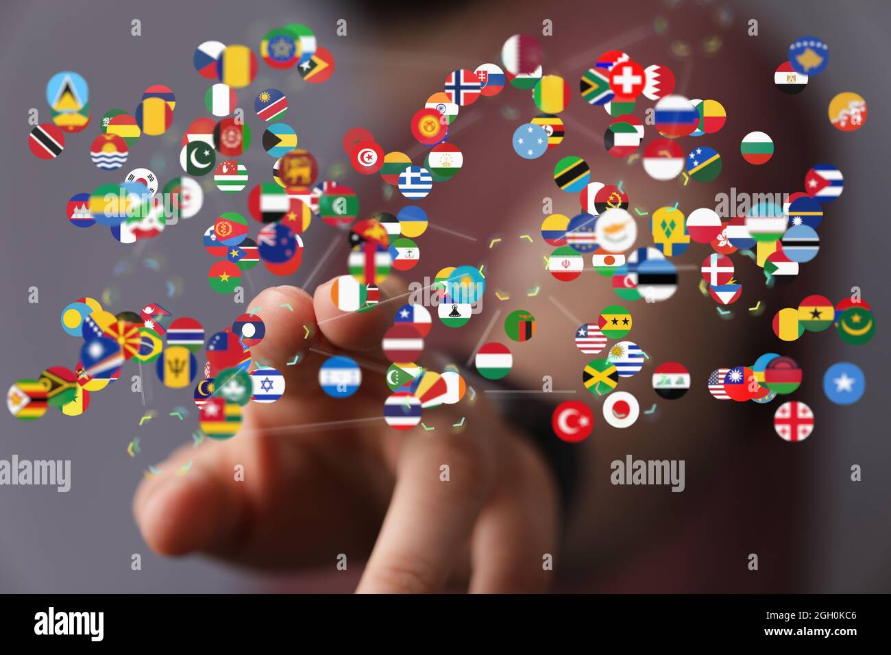 World Connection With Flags Digital concept of Global communication, floating national flags of the ...