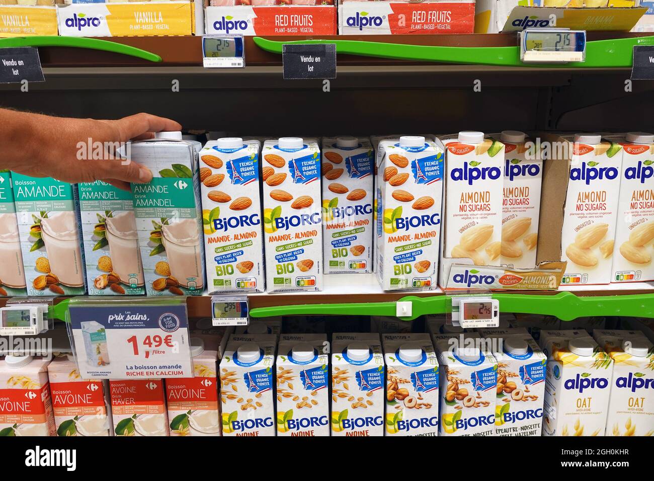 Milk substitutes in a supermarket Stock Photo