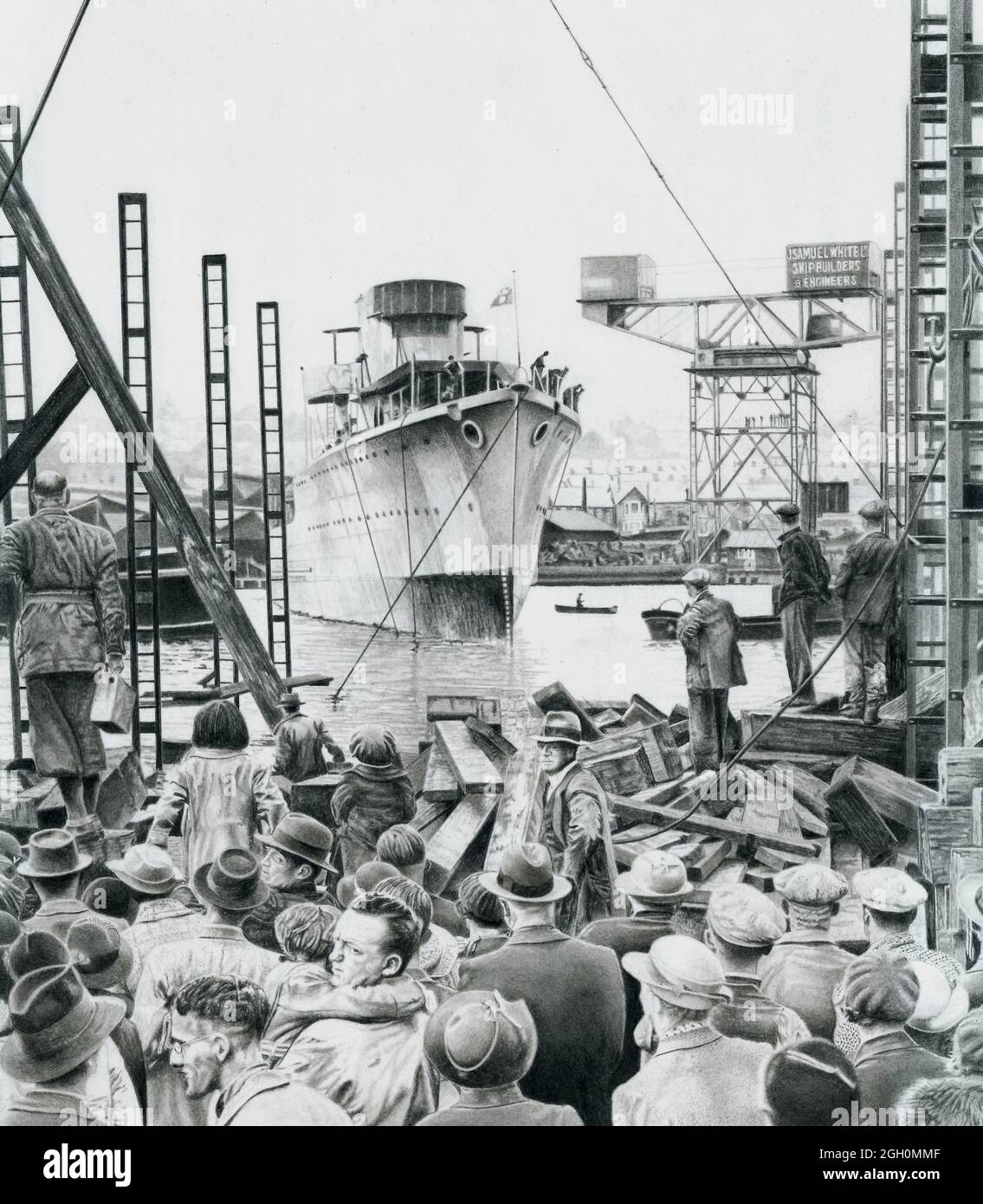 ORP Blyskawica, The launching of the defender of Cowes. 1st October 1936, Pencil Drawing Stock Photo