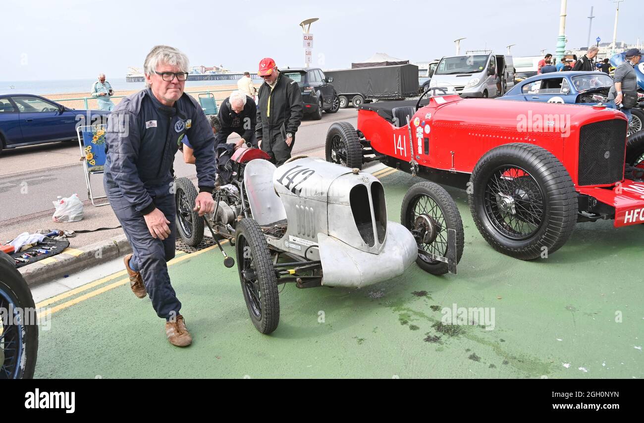 Brighton, UK. 4th September 2021 - Nick Allen from Gloucester  in his homemade Austin 7 Shelsley Special takes part in the Brighton National Speed Trials today which has returned this year after being cancelled in 2021 because of COVID-19. Cars of all vintages take part in the timed sprint along Madeira Drive  .  : Credit Simon Dack / Alamy Live News Stock Photo