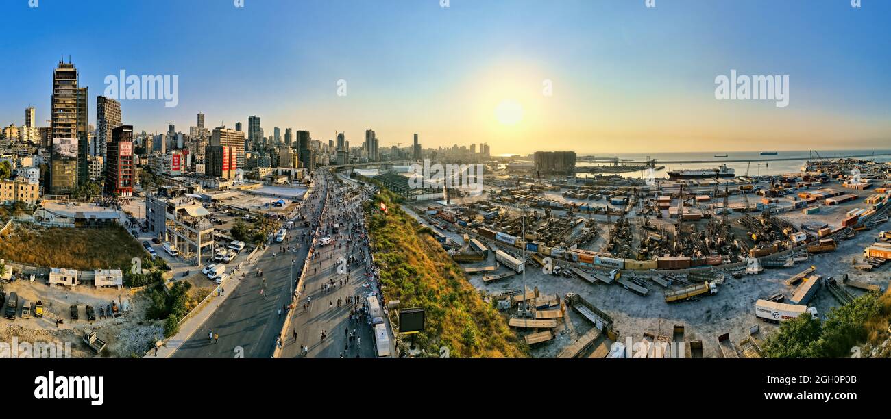 A drone aerial shot showing Port of Beirut explosion site and the surrounding area as it appeared on August 4 2021, one year after the blast. Stock Photo