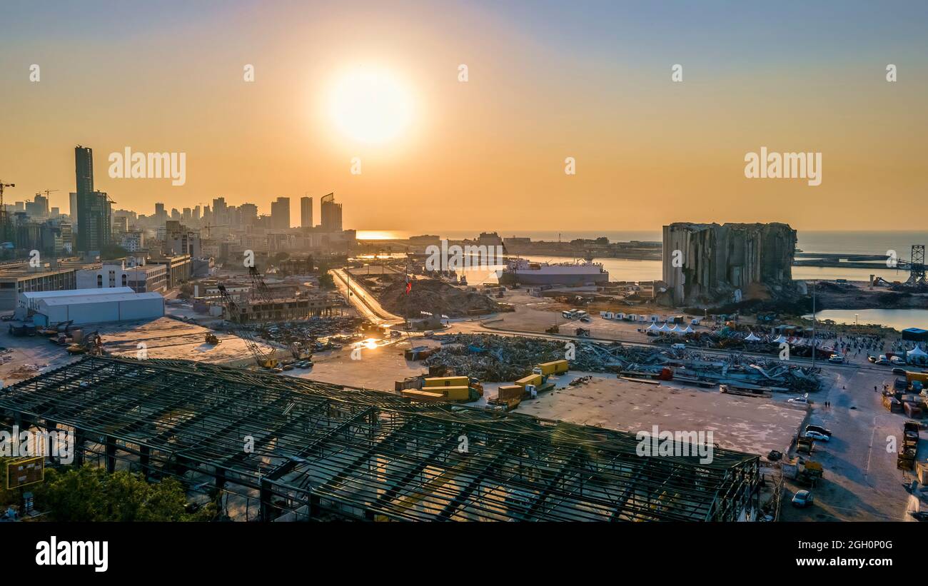 A drone aerial shot showing Port of Beirut explosion site and the surrounding area. Stock Photo