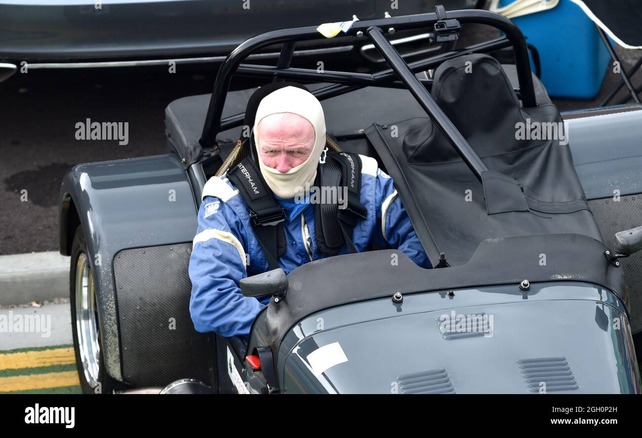 Brighton, UK. 4th September 2021 -  A driver prepares for a run at the Brighton National Speed Trials today which has returned this year after being cancelled in 2021 because of COVID-19. Cars of all vintages take part in the timed sprint along Madeira Drive  .  : Credit Simon Dack / Alamy Live News Stock Photo