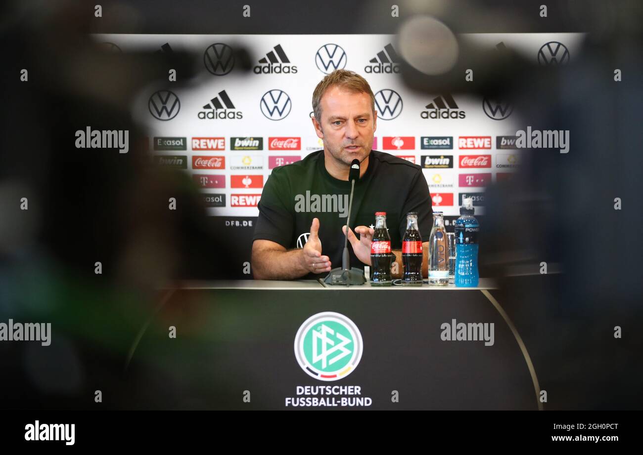 Stuttgart, Germany. 04th Sep, 2021. Soccer: National team, press conference  before the World Cup qualifier against Armenia. National coach Hansi Flick  speaks during a pre-match press conference. Credit: Tom Weller/dpa/Alamy  Live News