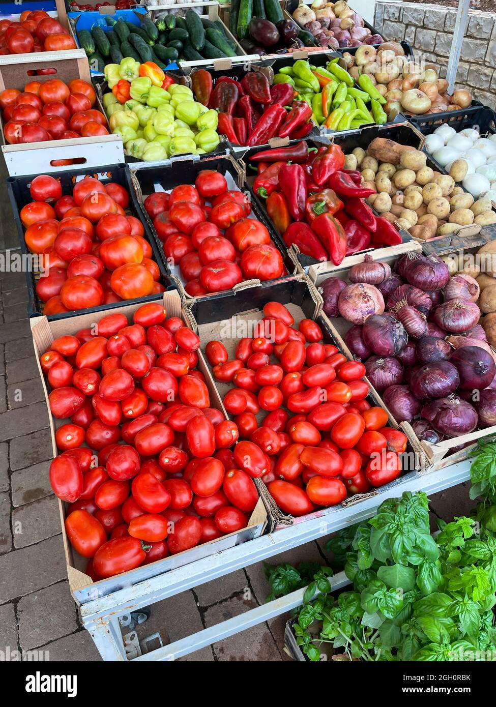 Vegetable stand with fresh vegetables in the market Stock Photo Alamy