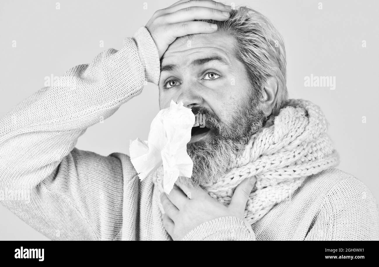 Bearded man sick. Cold flu. First symptom. Headache virus symptom ...