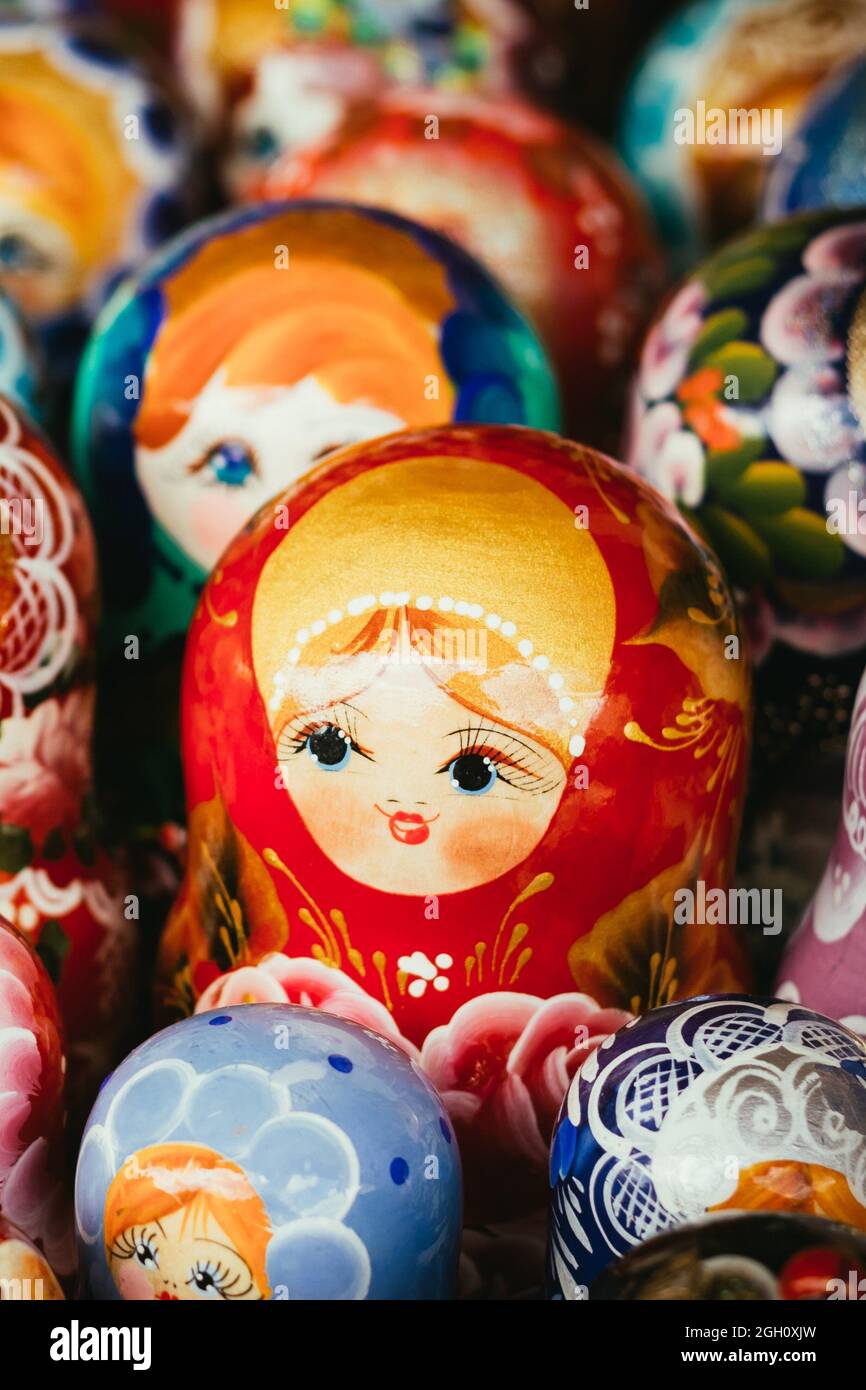 Colorful Russian Nesting Dolls Matreshka At Market. Matrioshka Babushka