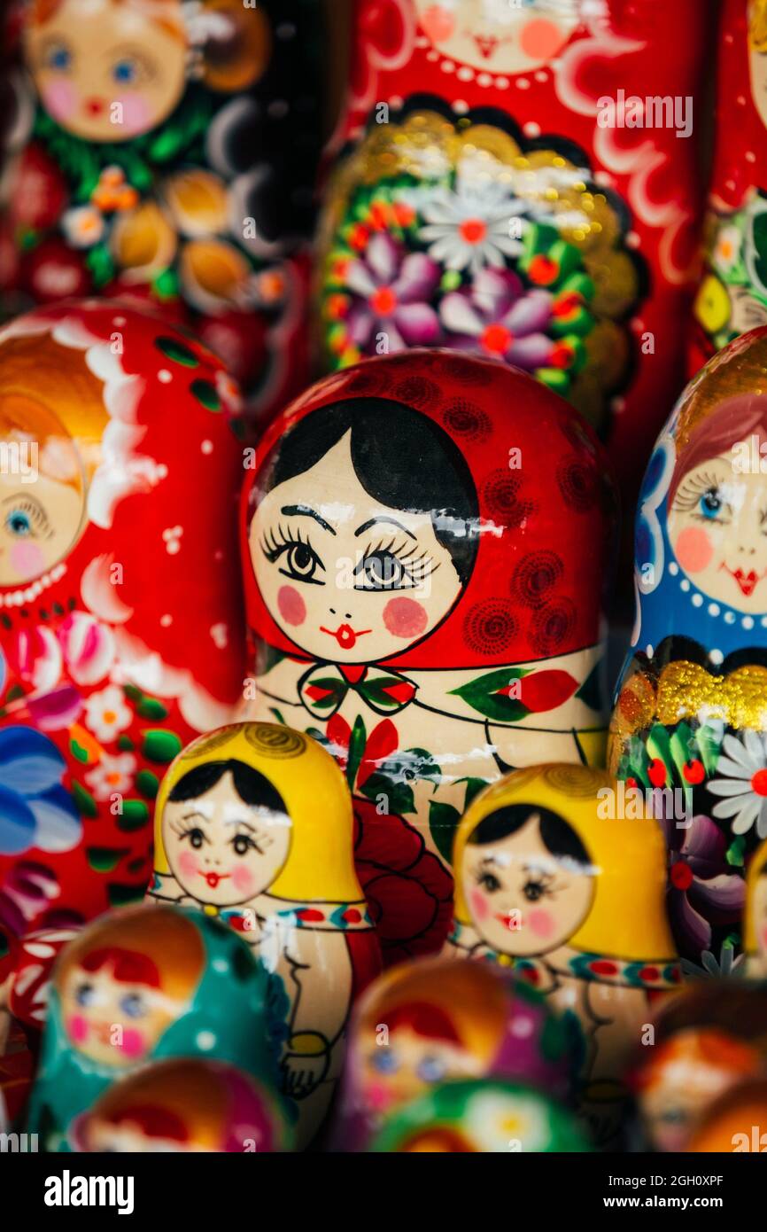 Colorful Russian Nesting Dolls Matreshka At Market. Matrioshka Babushka