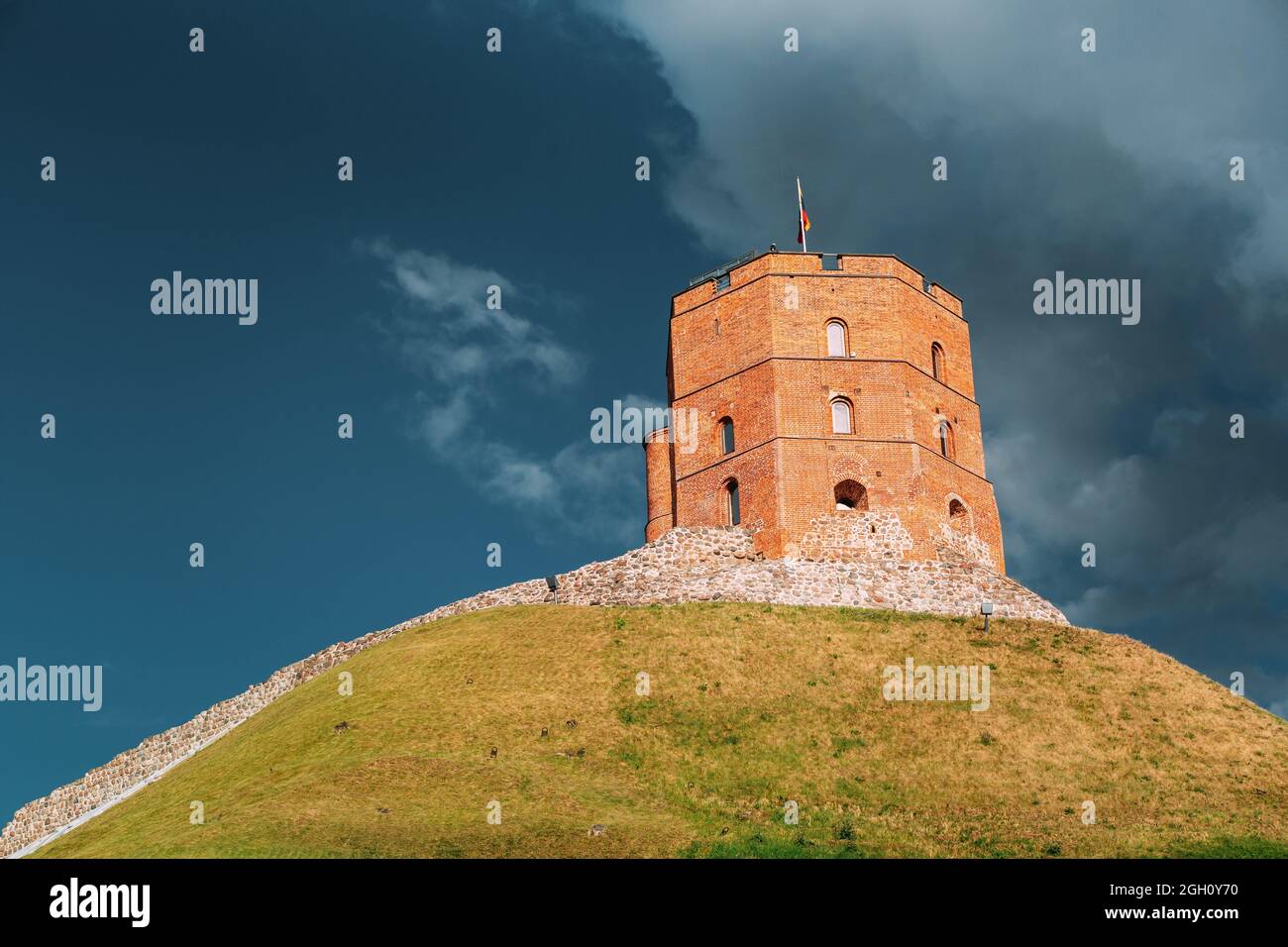Vilnius, Lithuania. Famous Tower Of Gediminas Or Gedimino In Historic Center. UNESCO World Heritage. Upper Vilnius Castle Complex In Old Town Is Stock Photo