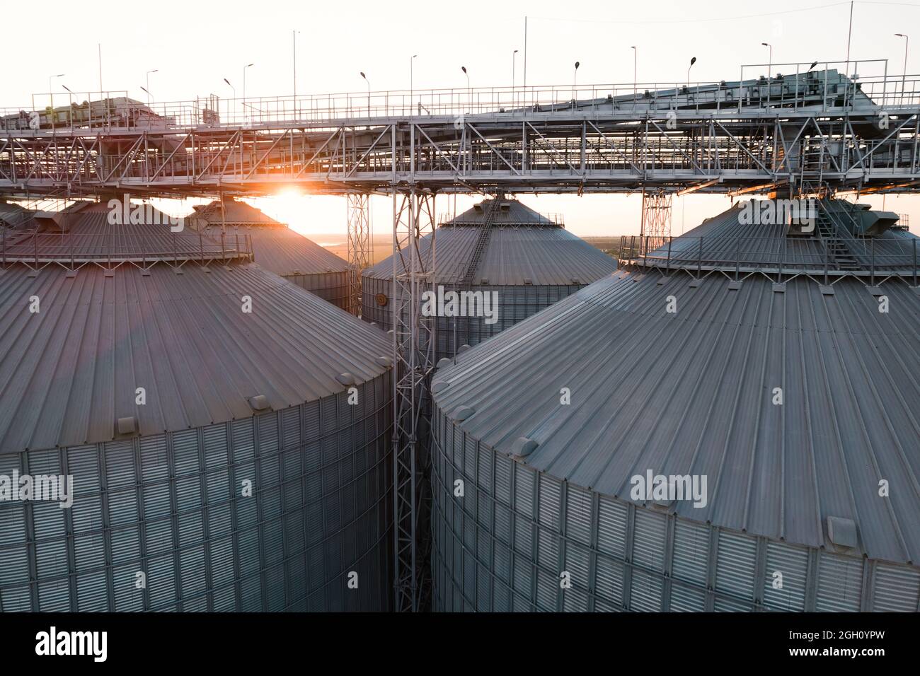 Grain terminals of modern sea commercial port. Silos for storing grain in rays of setting sun, top view from quadcopter. Industrial background. Logist Stock Photo