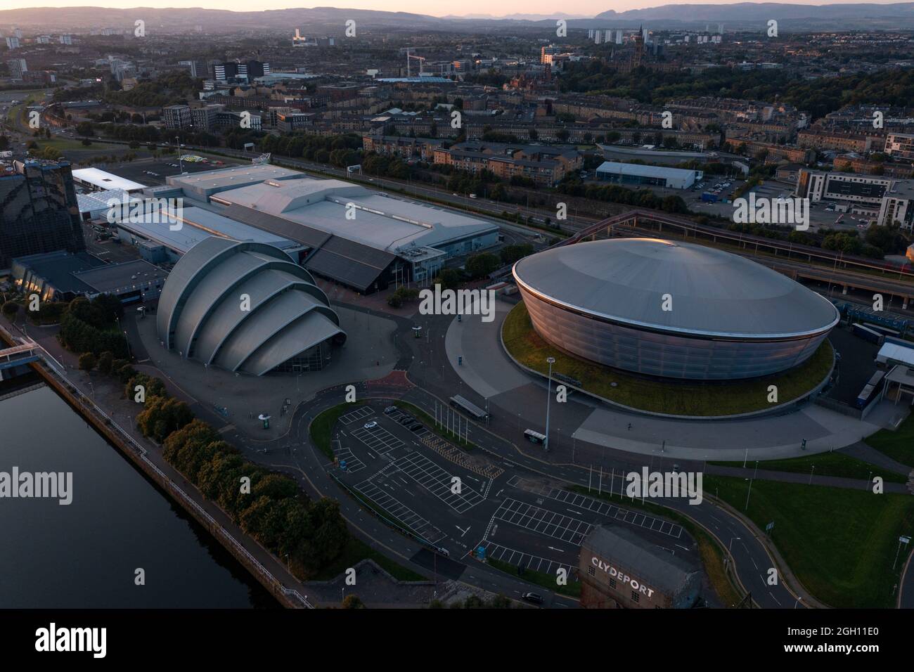 Glasgow, Scotland, 1 September 2021. PICTURED: Drone aerial view looking down from above of the COP26 venue which takes place at Glasgow’s SEC (Scottish Event Campus) which was formerly known as the SECC (Scottish Exhibition and Conference Centre) along with the SEC Armadillo and SSE Hydro Arena which forms the new campus. The Climate Change conference COP26 will be hosted here from 1st to 12th November this year.  Credit: Colin Fisher. Stock Photo