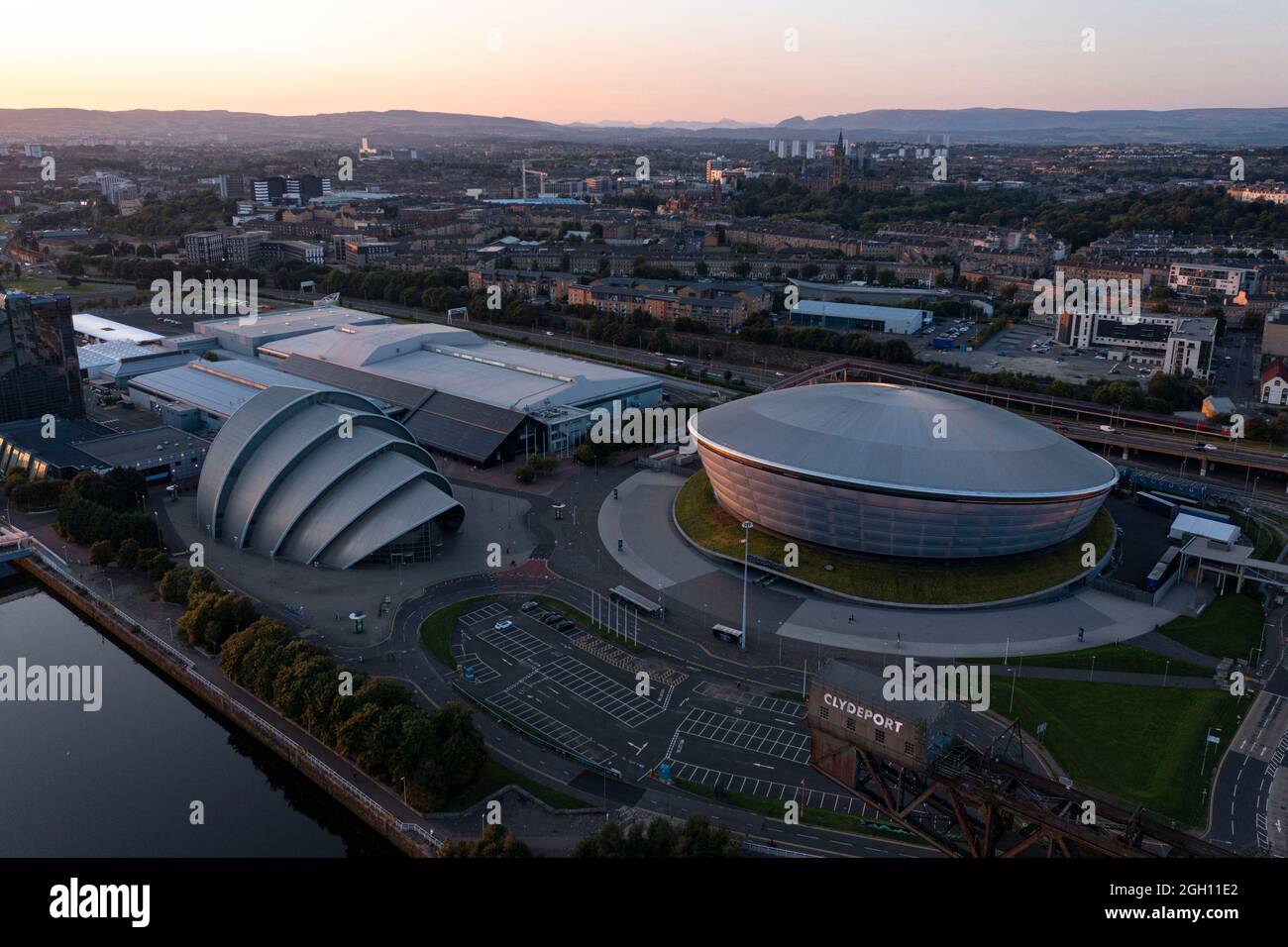 Glasgow, Scotland, 1 September 2021. PICTURED: Drone aerial view looking down from above of the COP26 venue which takes place at Glasgow’s SEC (Scottish Event Campus) which was formerly known as the SECC (Scottish Exhibition and Conference Centre) along with the SEC Armadillo and SSE Hydro Arena which forms the new campus. The Climate Change conference COP26 will be hosted here from 1st to 12th November this year.  Credit: Colin Fisher. Stock Photo