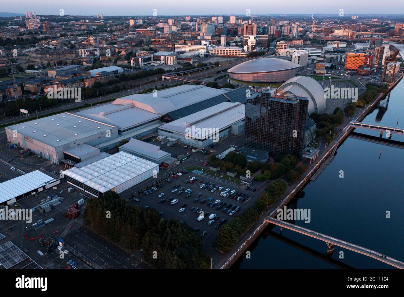 Glasgow, Scotland, 1 September 2021. PICTURED: Drone aerial view looking down from above of the COP26 venue which takes place at Glasgow’s SEC (Scottish Event Campus) which was formerly known as the SECC (Scottish Exhibition and Conference Centre) along with the SEC Armadillo and SSE Hydro Arena which forms the new campus. The Climate Change conference COP26 will be hosted here from 1st to 12th November this year.  Credit: Colin Fisher. Stock Photo