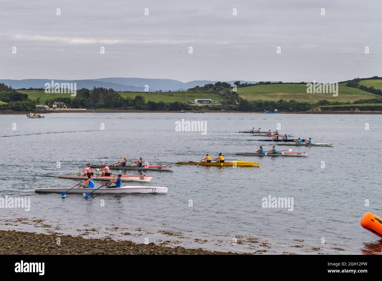 Bantry, West Cork, Ireland. 4th Sep, 2021. Rowing Ireland is holding the national offshore rowing championships in Bantry this weekend. The event, hosted by Bantry Rowing Club, is being contested by 30 rowing clubs from around Ireland. Boats prepare for the first race of the day, the women's doubles, which was won by Castletownsend 'C' team. Credit: AG News/Alamy Live News Stock Photo