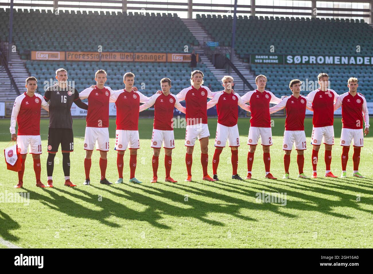 Gladsaxe, Denmark. 3rd Sep, 2021. Players of Denmark seen during the national anthem before the international under 21 friendly match between Denmark and Greece in Gladsaxe Stadium in Gladsaxe, Denmark. (Photo Credit: Gonzales Photo/Alamy Live News Stock Photo
