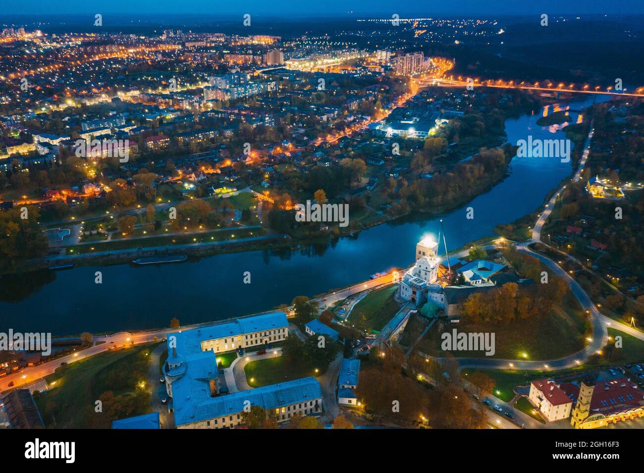 Grodno, Belarus. Night Aerial View Of Hrodna Cityscape Skyline. Popular