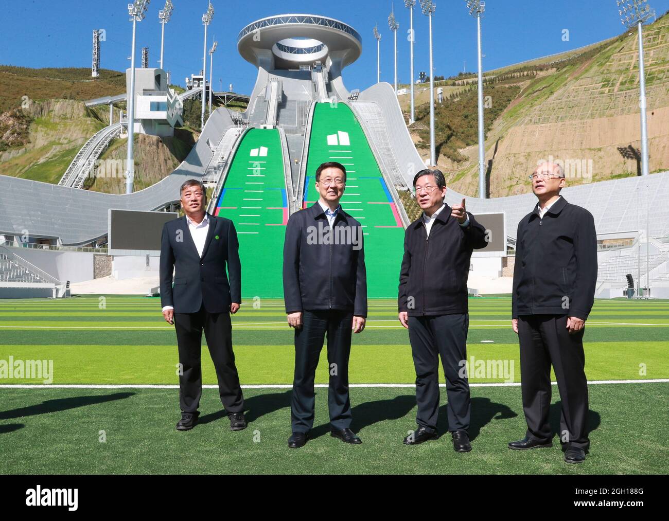 Beijing, China's Hebei Province. 3rd Sep, 2021. Chinese Vice Premier Han Zheng, also a member of the Standing Committee of the Political Bureau of the Communist Party of China Central Committee and head of a leading group overseeing the Beijing 2022 preparations, visits the National Ski Jumping Center during an inspection tour to Zhangjiakou, the co-host city of the 2022 Olympic and Paralympic Winter Games, north China's Hebei Province, Sept. 3, 2021. Credit: Ding Lin/Xinhua/Alamy Live News Stock Photo